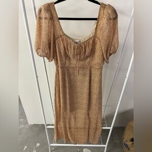 Puff-Sleeve Midi Dress in Light Brown Animal Print